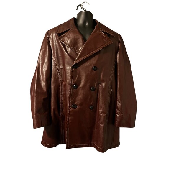 Lakeland Mens Burgundy Double-Breasted Leather Coat Size 42 With Satin Liner